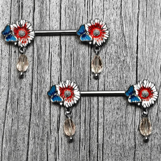 14G 9/16 Passion Flower Blue Red Butterfly Dangle Nipple Ring Set