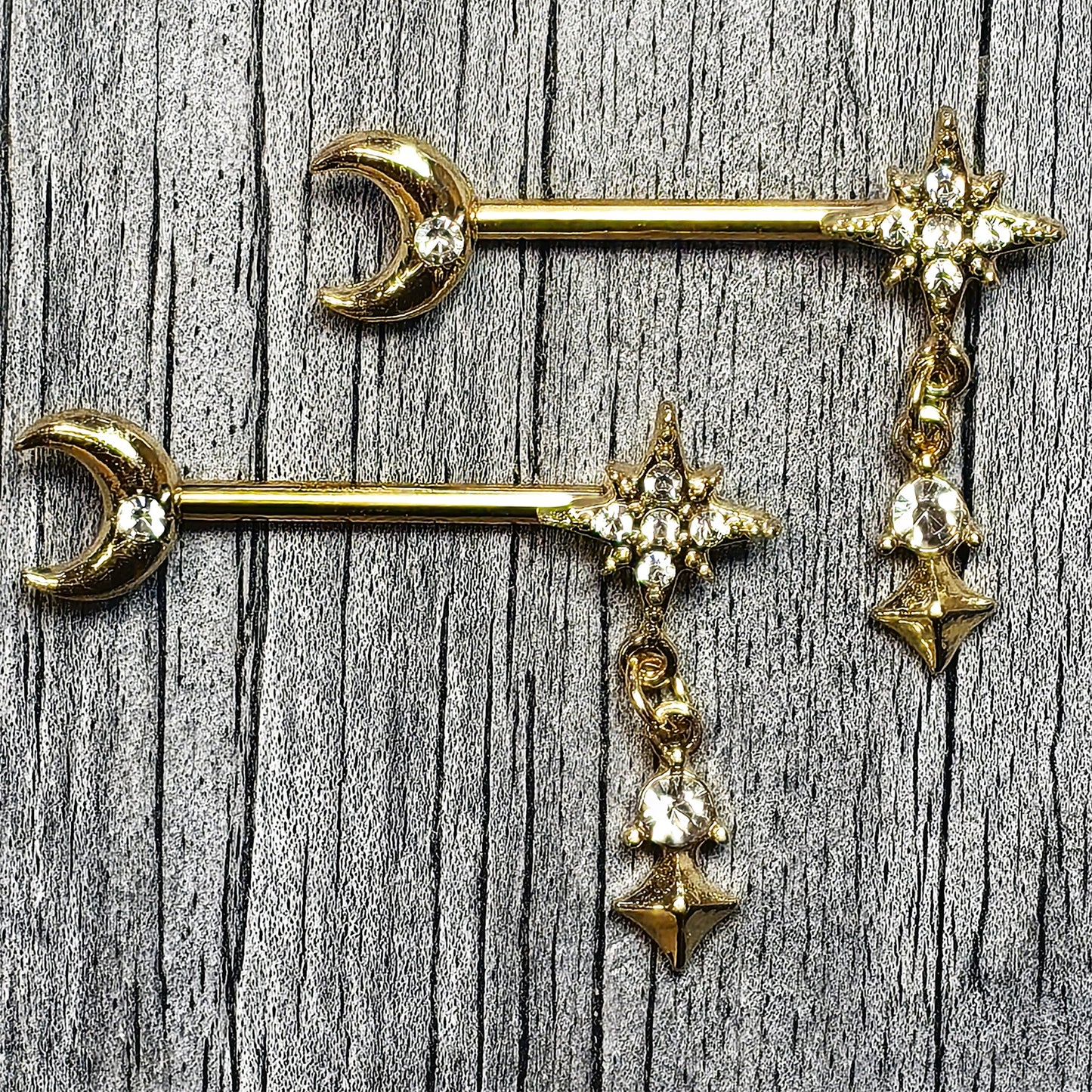 14G 9/16 Clear Gem Gold Tone Celestial Glam Dangle Nipple Ring Set