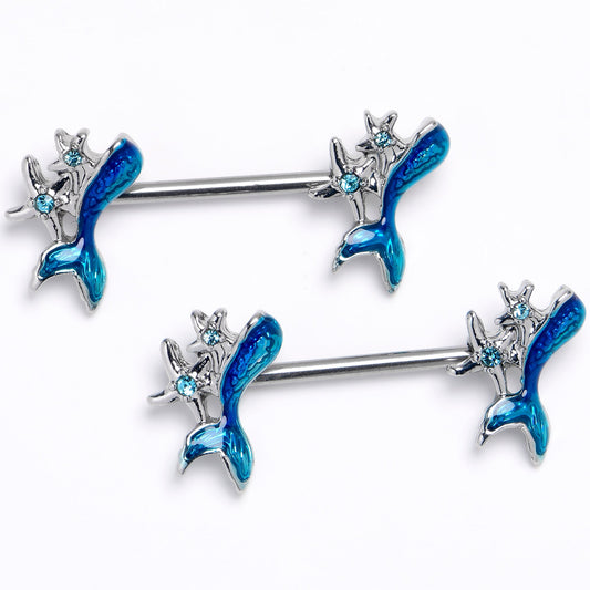 14G 9/16 Blue Gem Blue Mermaid Tail Stars Barbell Nipple Ring  Set