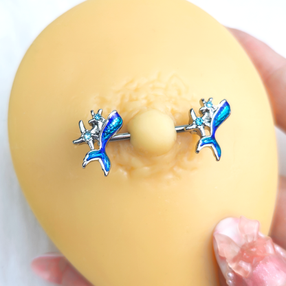14G 9/16 Blue Gem Blue Mermaid Tail Stars Barbell Nipple Ring  Set