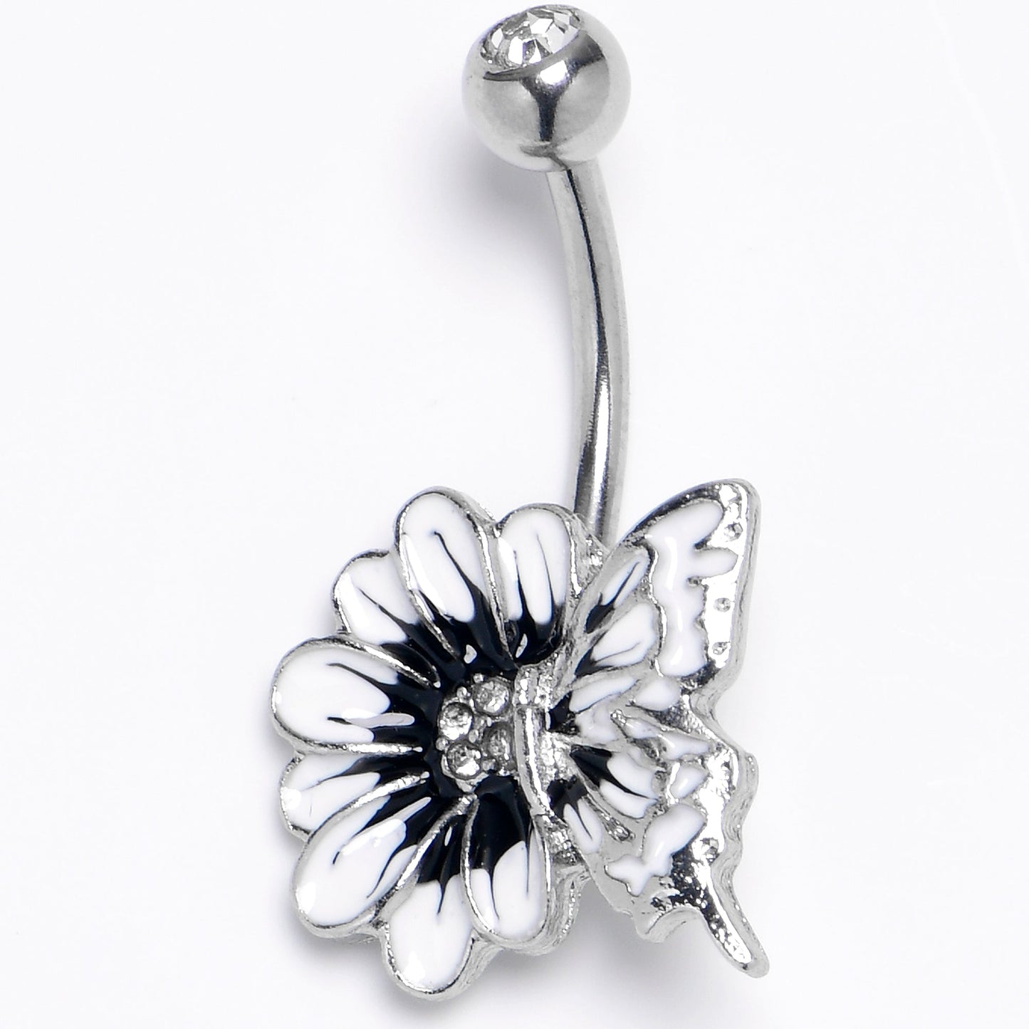 Clear Gem Internally Threaded White Flower Butterfly Belly Ring