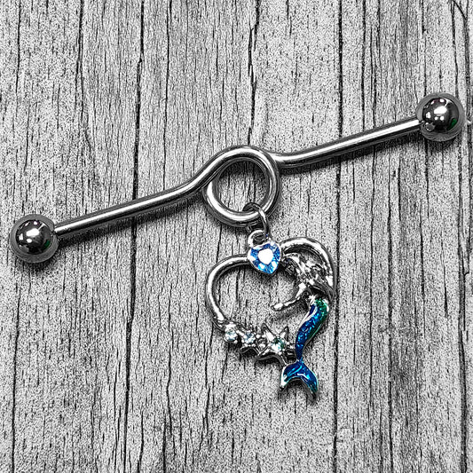 14G Blue Gem Mermaid Tail Stars Heart Dangle Project Bar 38mm