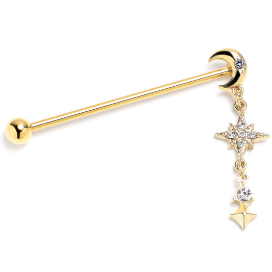 14G Clear Gem Gold Tone Celestial Glam Industrial Barbell 38mm