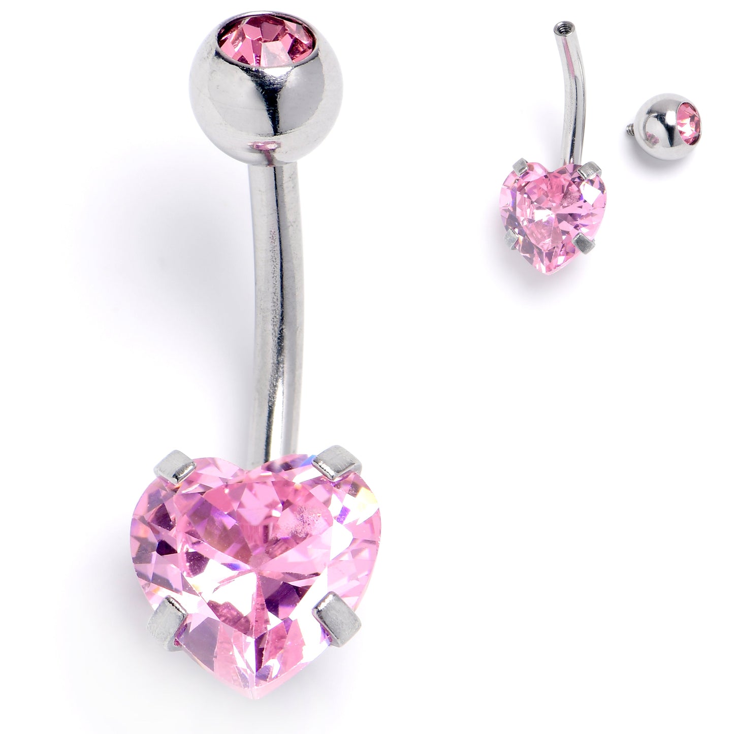 Pink CZ Gem Heart Internally Threaded Belly Ring