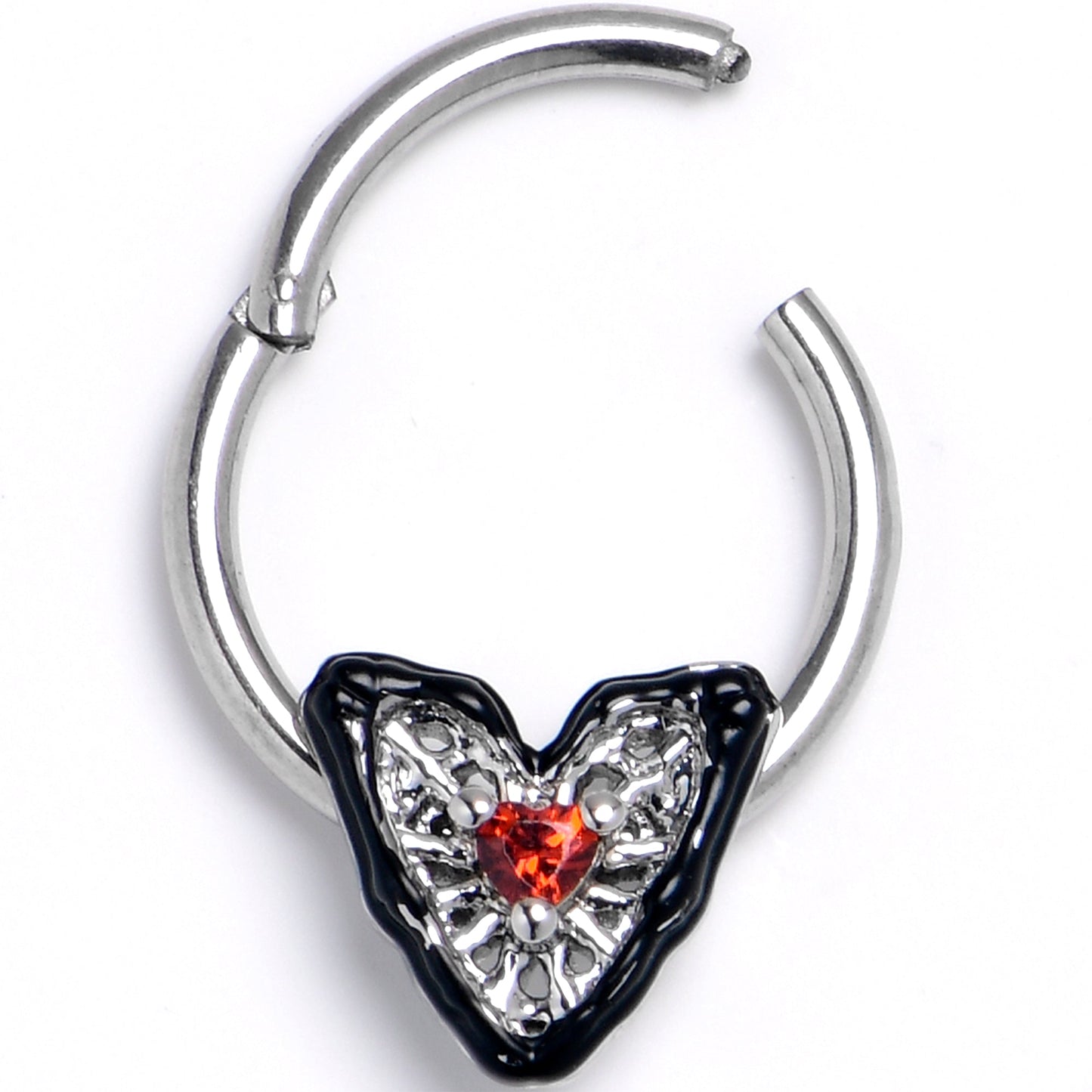 16G 3/8 Red Gem Captured Heart Hinged Segment Ring