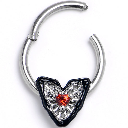 16G 3/8 Red Gem Captured Heart Hinged Segment Ring