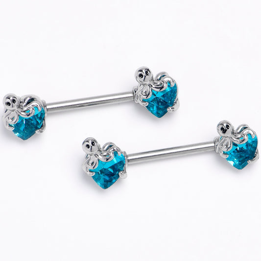 14G 9/16 Blue Gem Octopus Heart Barbell Nipple Ring Set