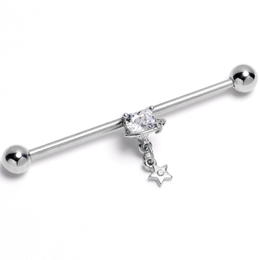 14G Clear Gem Starry Heart Dangle Industrial Barbell 38mm