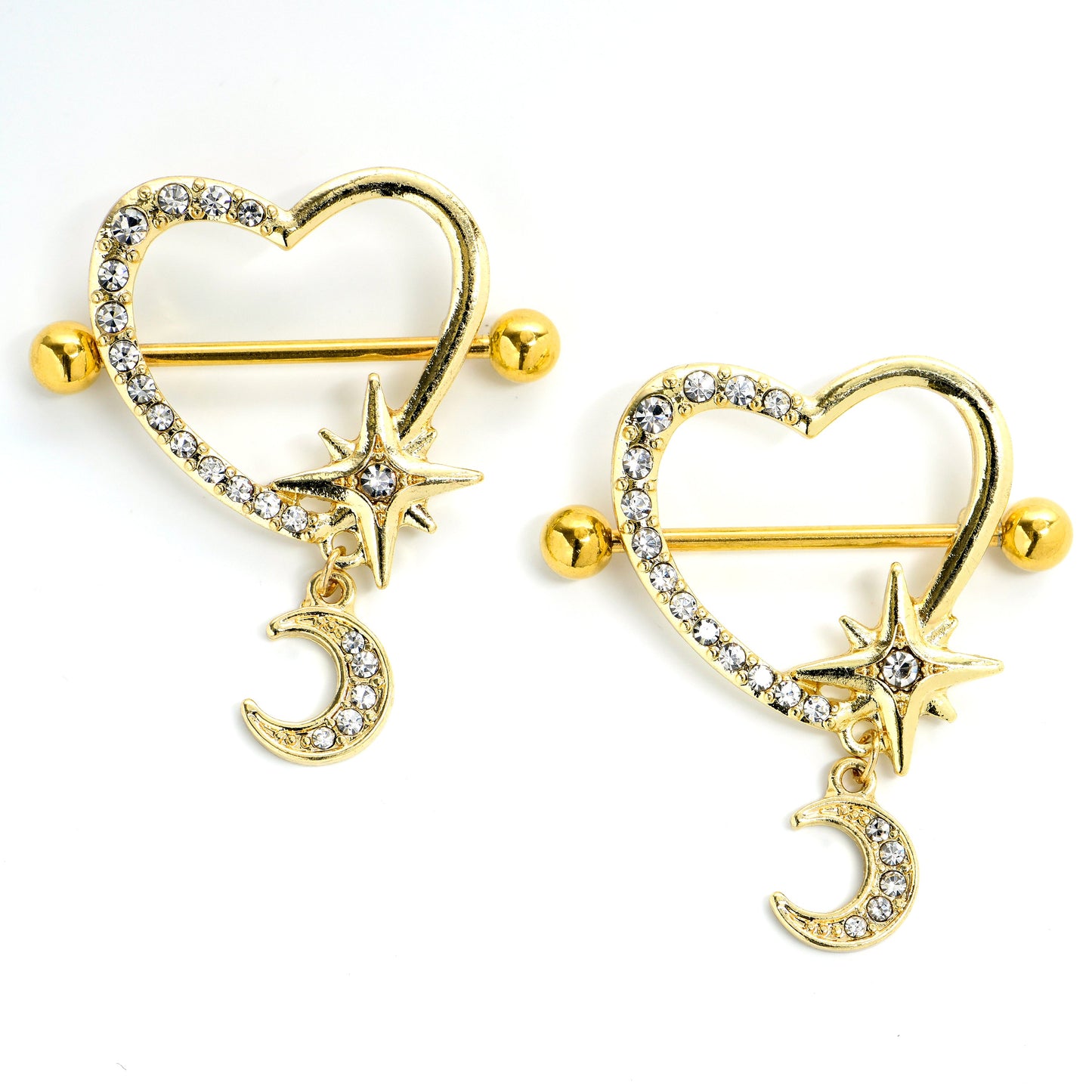 14G 9/16 Clear Gem Gold Tone Heart Moon Dangle Nipple Shield Set