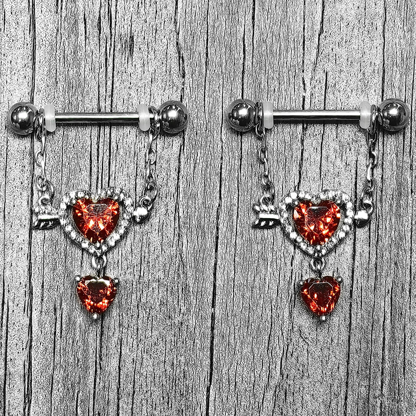 14G 9/16 Red Gem Fusion of Love Arrow Heart Dangle Nipple Ring Set
