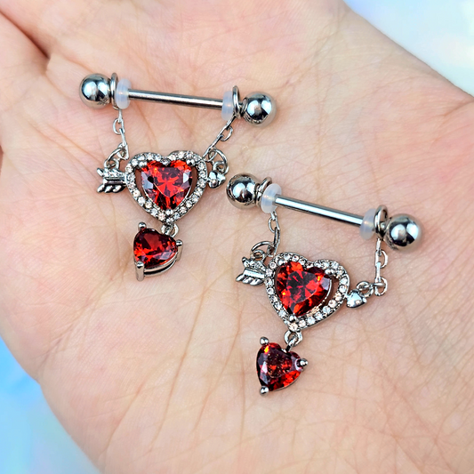 14G 9/16 Red Gem Fusion of Love Arrow Heart Dangle Nipple Ring Set