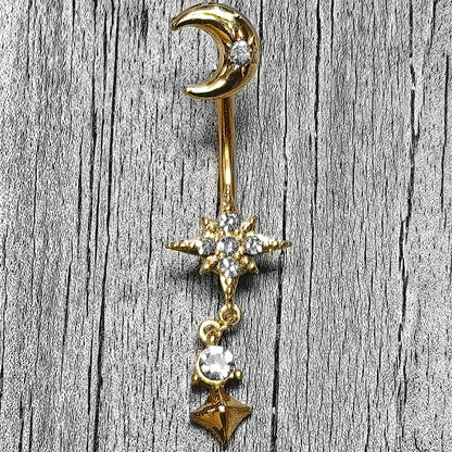 Clear Gem Gold Tone Celestial Glam Dangle Double Mount Belly Ring