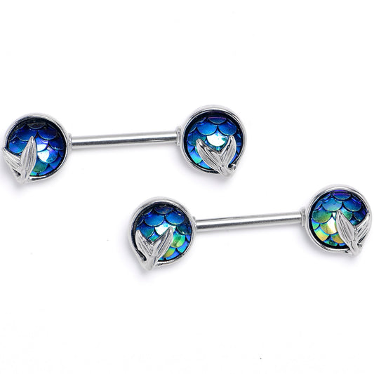 14G 9/16 Mermaid Dark Blue Scale Tail Barbell Nipple Ring Set