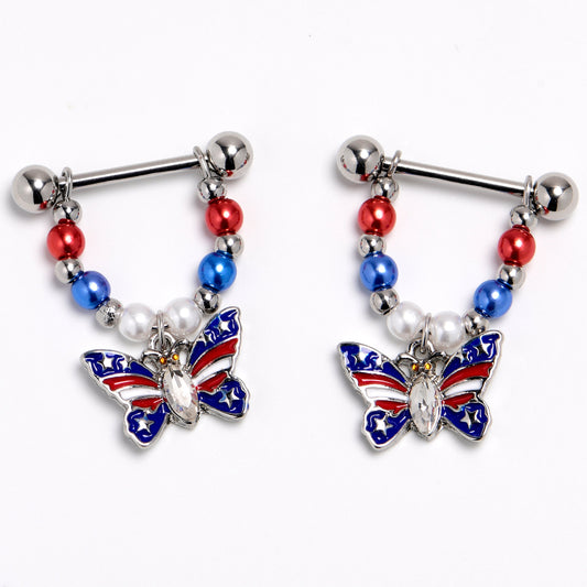 14G 9/16 Clear Gem Patriotic Butterfly Dangle Nipple Ring Set