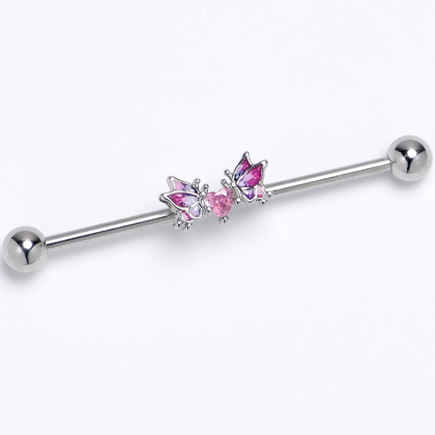 14G Pink CZ Gem Heart Butterflies Purple Industrial Barbell 38mm