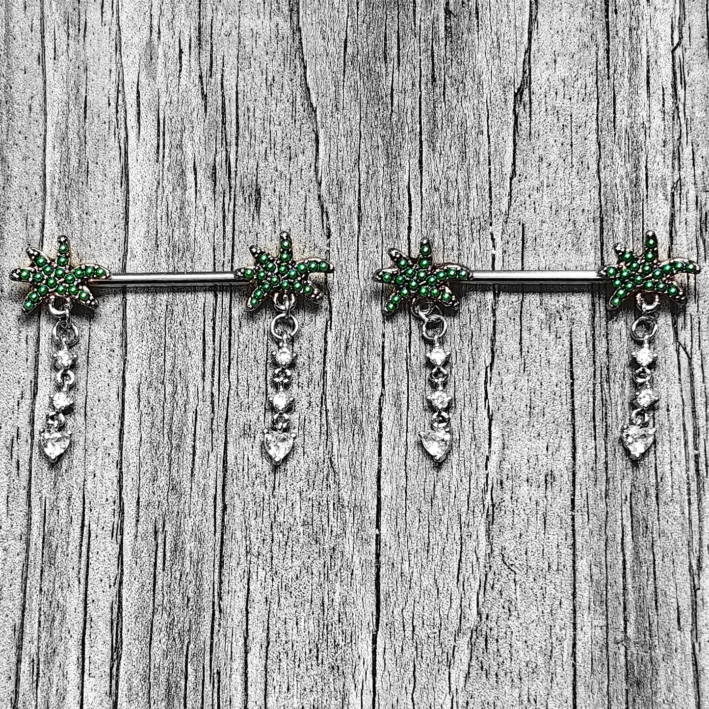 14G 9/16 Clear Gem Palm Tree Love Dangle Nipple Ring Set