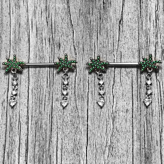 14G 9/16 Clear Gem Palm Tree Love Dangle Nipple Ring Set