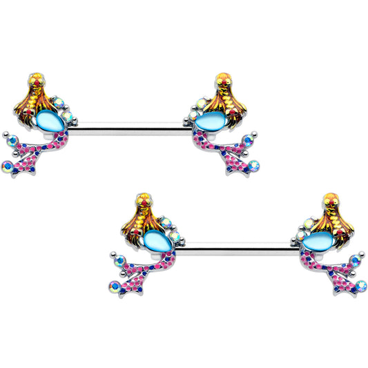 14G 9/16 Blue Aurora Gem Abstract Mermaid Barbell Nipple Ring Set