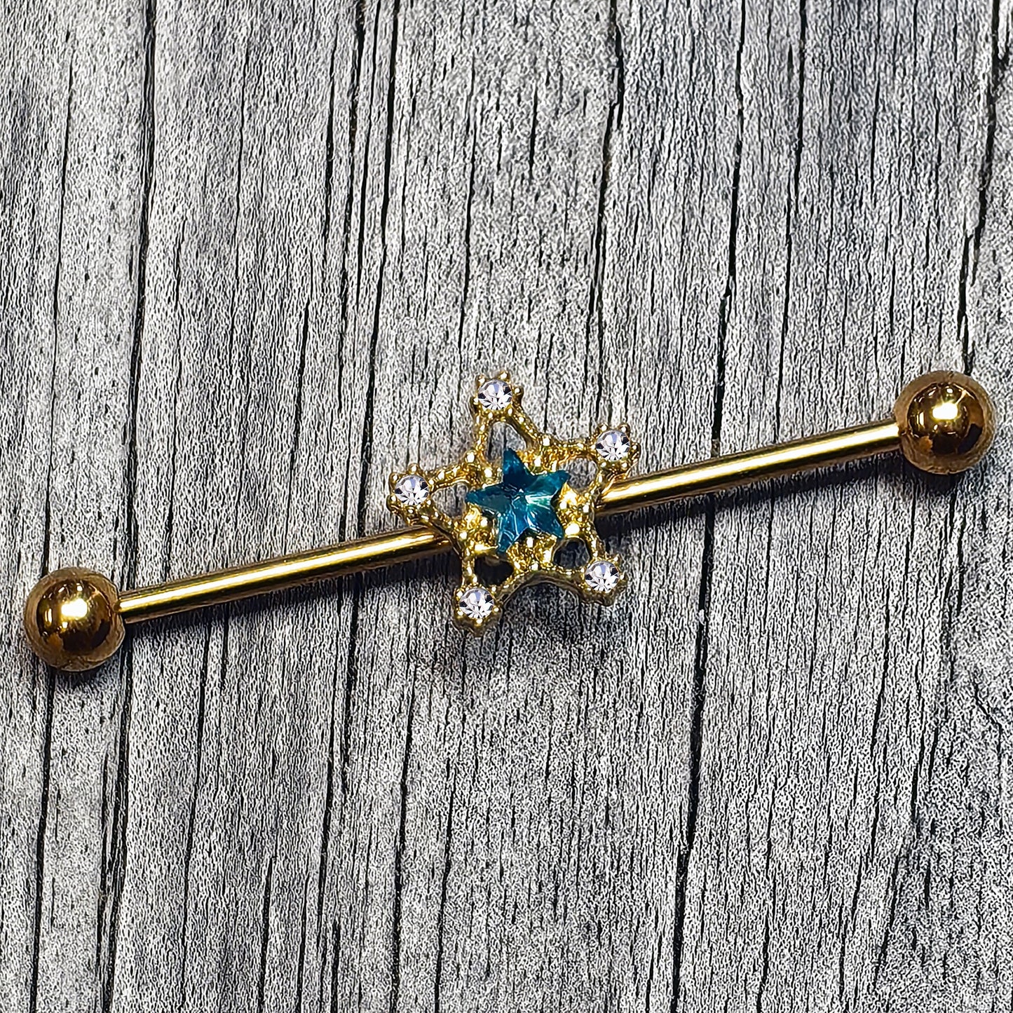 14G Blue Clear Gem Gold Tone Starry Glam Industrial Barbell 38mm