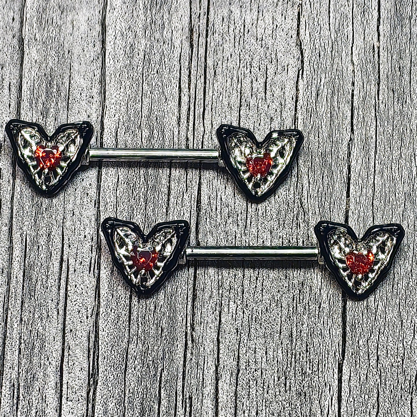 14G 9/16 Red Gem Captured Heart Barbell Nipple Ring Set