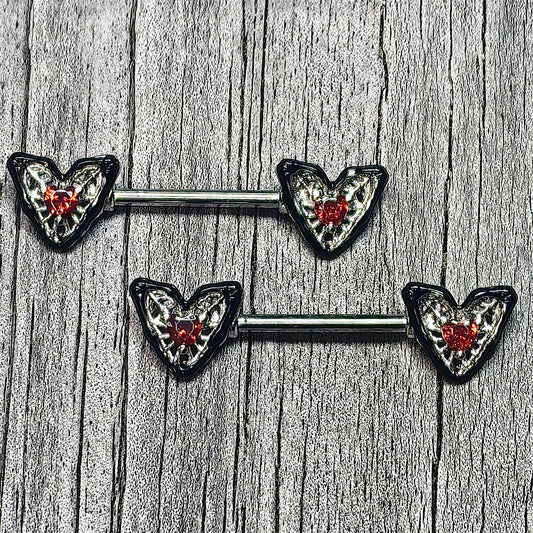 14G 9/16 Red Gem Captured Heart Barbell Nipple Ring Set