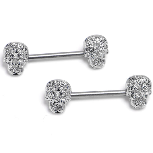 14G 9/16 316L Steel Skulls Clear Gem with Titanium Barbell Nipple Rings