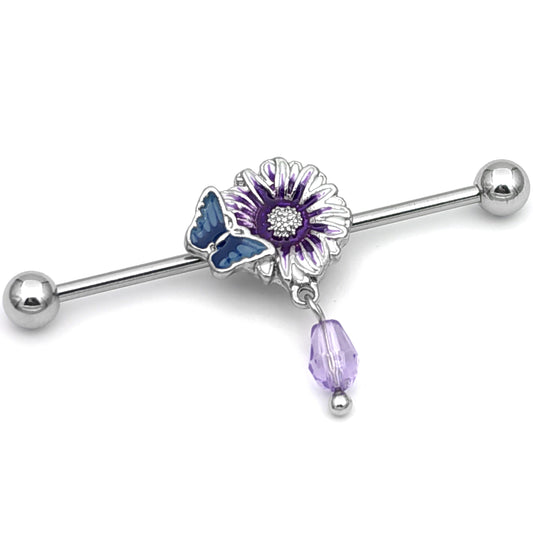 14G Purple Gem Passion Flower Dangle Industrial Barbell 38mm