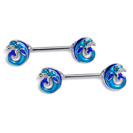 14G 9/16 Dolphin Blue Beauty Barbell Nipple Ring Set