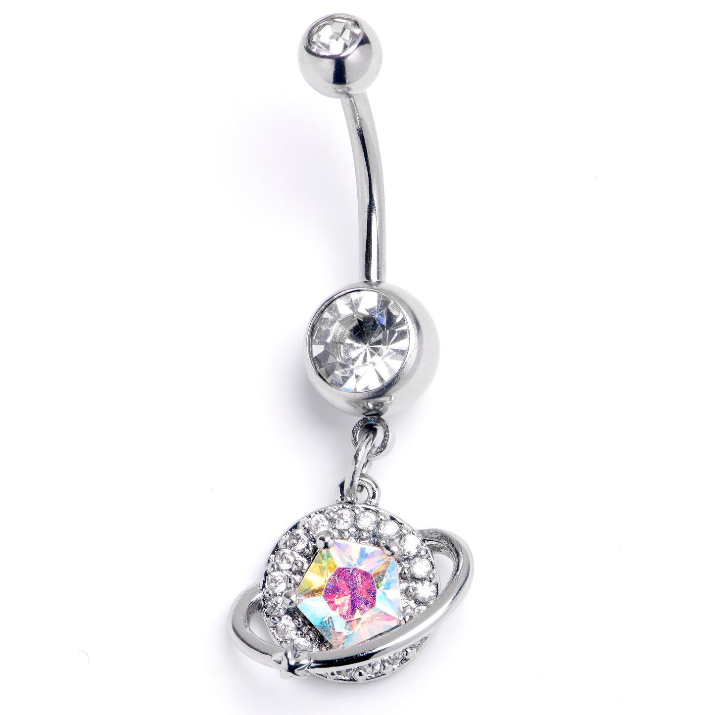 Aurora CZ Gem Textured Saturn Dangle Belly Ring