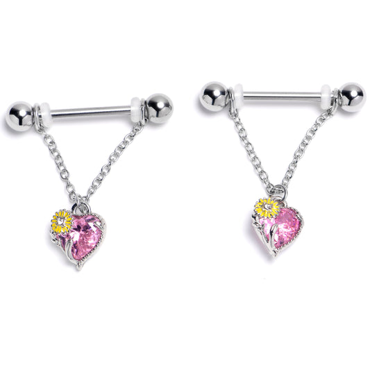 14G 9/16 Pink CZ Gem Sunflower Heart Love Dangle Nipple Ring Set