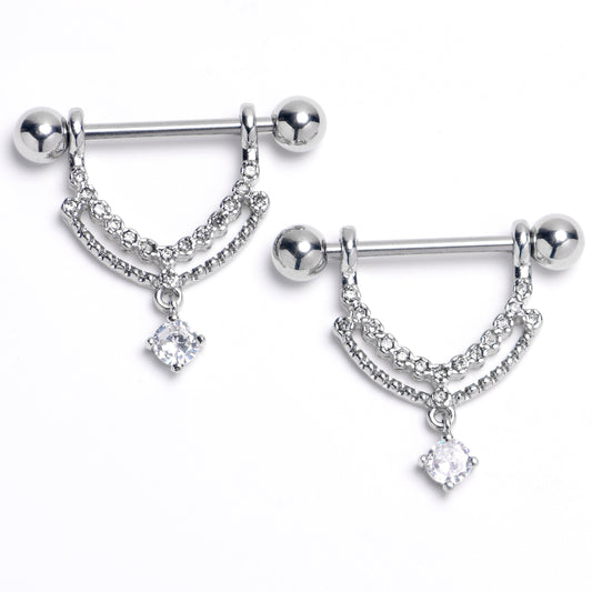 14G 9/16 Clear CZ Gem Double Curves Dangle Nipple Ring Set