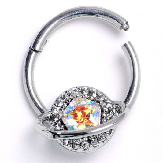 16G 3/8 Aurora Clear CZ Gem Textured Saturn Hinged Segment Ring