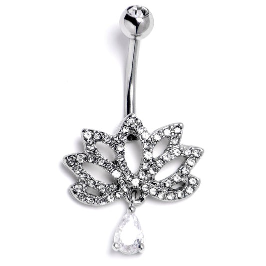 Clear CZ Gem Internally Threaded Lotus Fashion Flower Dangle Belly Ring