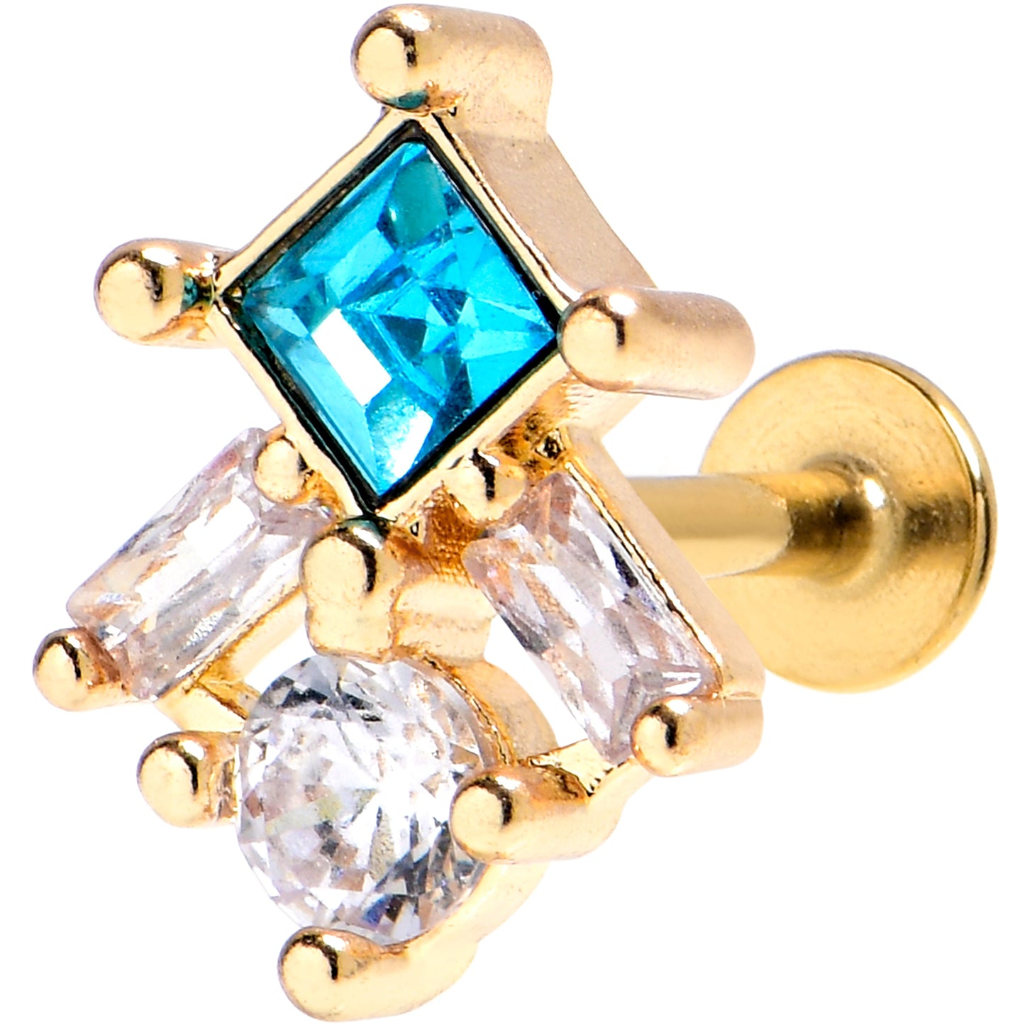 16G 1/4 Blue Clear CZ Gem Gold Tone Rhombus Riot Labret