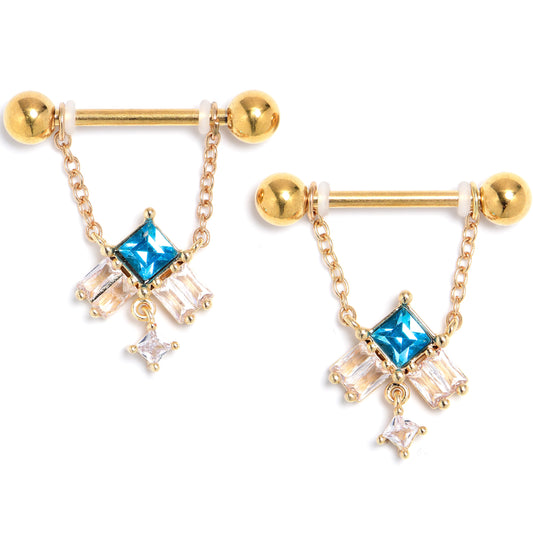 14G 5/8 Blue CZ Gem Gold Tone Rhombus Riot Dangle Nipple Ring Set