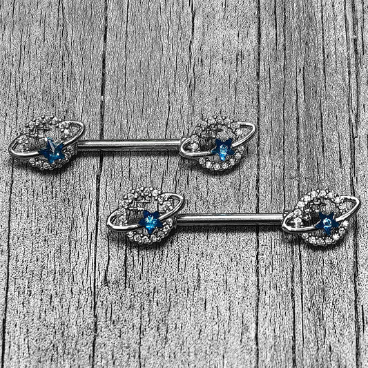 14G 9/16 Clear Blue Gem Starry Skies Barbell Nipple Ring Set