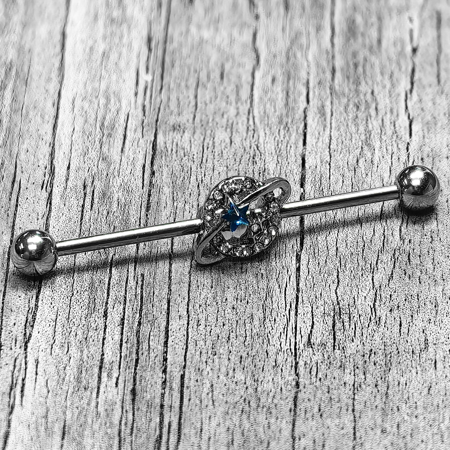 14G Clear Blue Gem Starry Skies Industrial Barbell 38mm