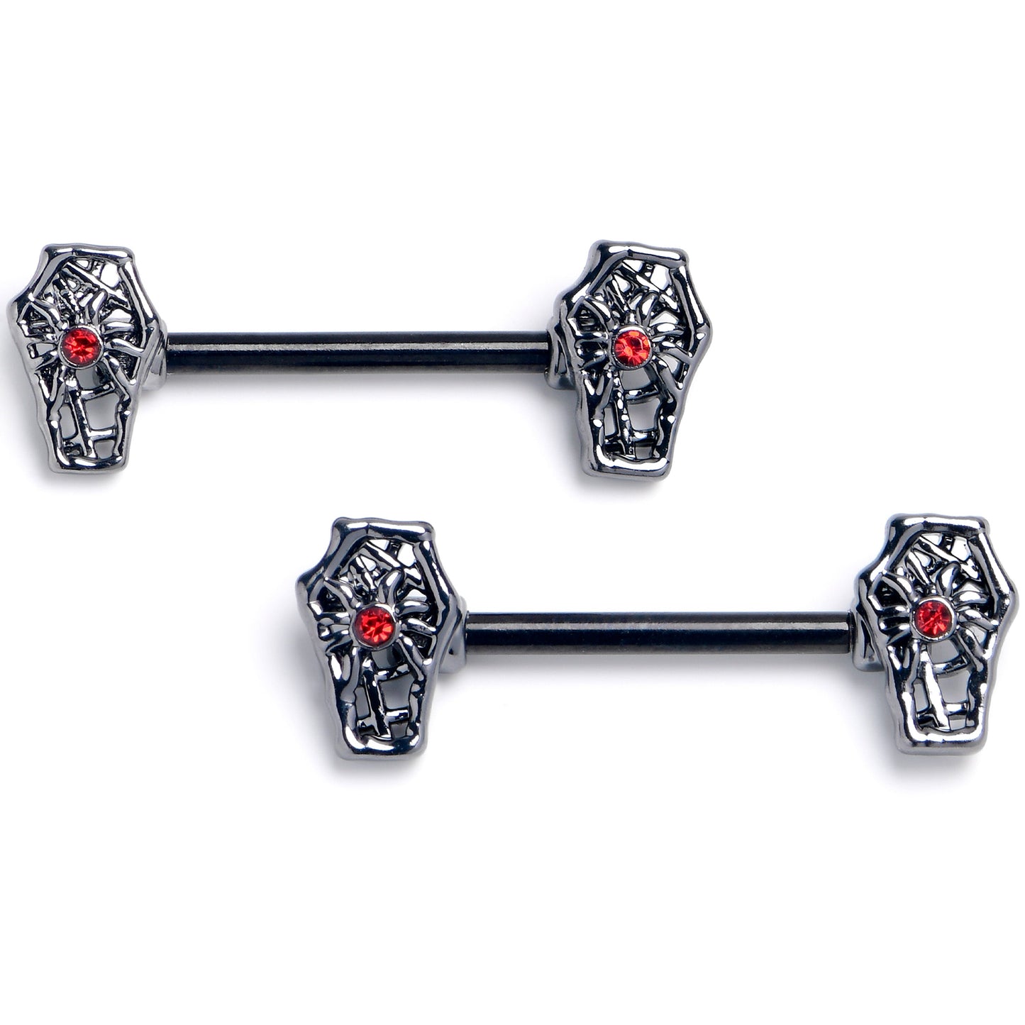 14G 9/16 Red Gem Black Spider Coffin Barbell Nipple Ring Set