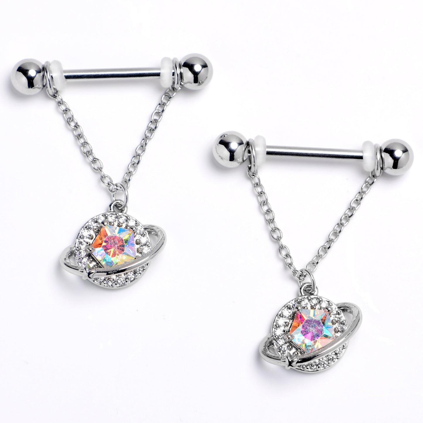 14G 9/16 Aurora CZ Gem Textured Saturn Dangle Nipple Ring Set