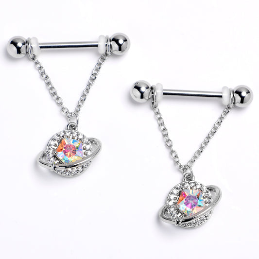 14G 9/16 Aurora CZ Gem Textured Saturn Dangle Nipple Ring Set