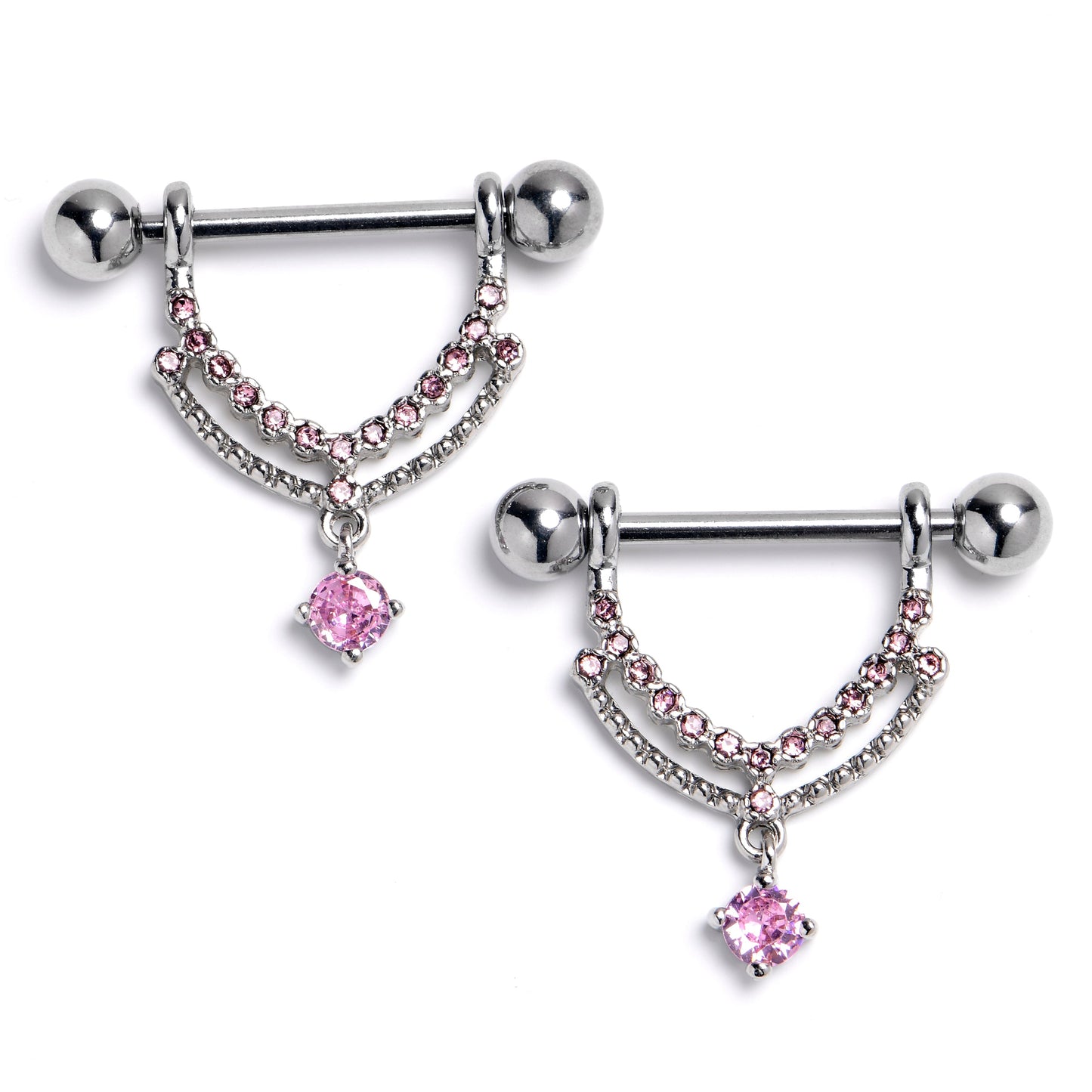 14G 9/16 Pink CZ Gem Double Curves Dangle Nipple Ring Set