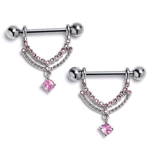 14G 9/16 Pink CZ Gem Double Curves Dangle Nipple Ring Set