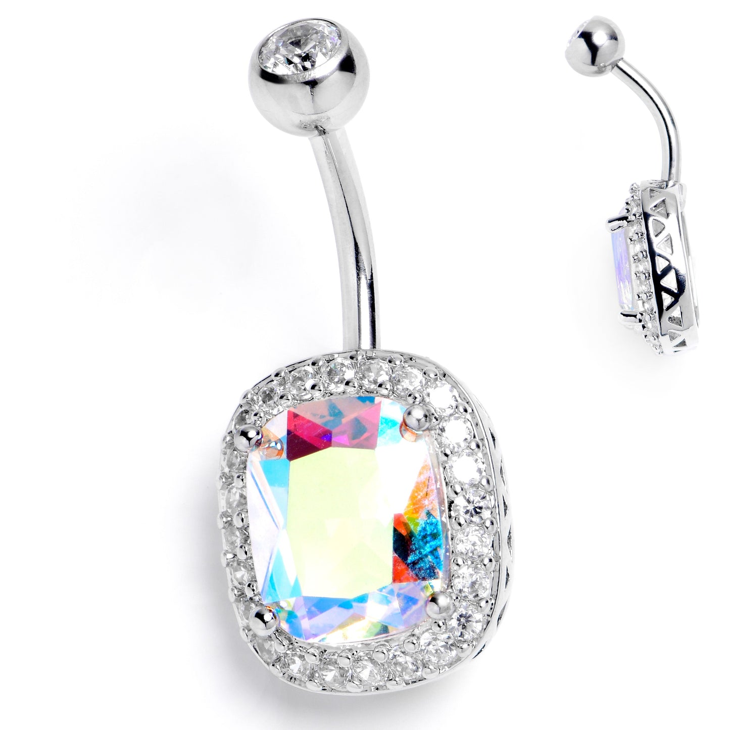 Clear Aurora CZ Gem Rococo Square Belly Ring