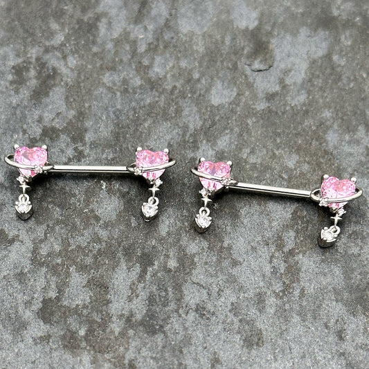 14G 9/16 Pink Clear Gem Saturn Heart Dangle Nipple Ring Set