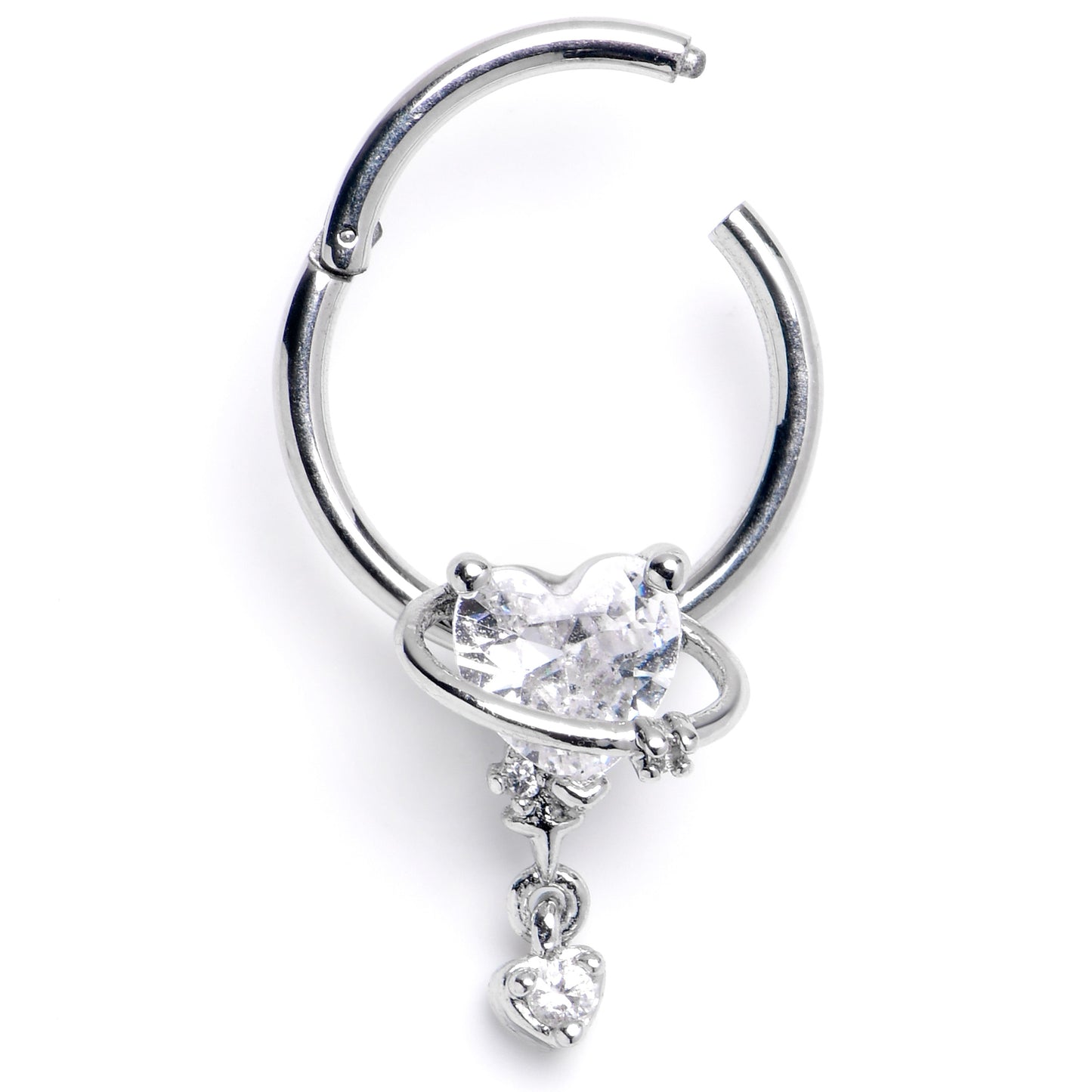 16G 3/8 Clear CZ Gem Saturn Heart Dangle Hinged Segment Ring