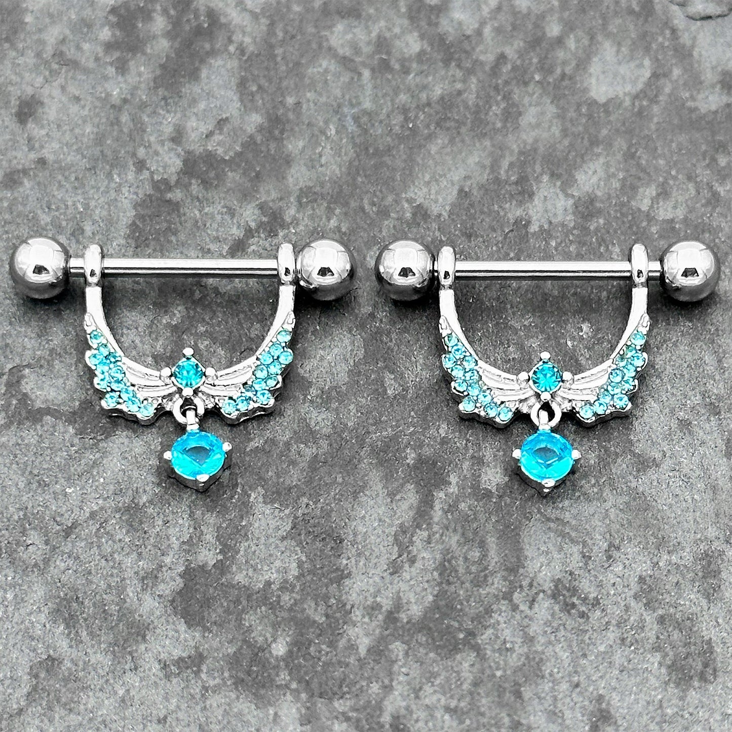 14G 9/16 Blue CZ Gem Alluring Wings Dangle Nipple Ring Set