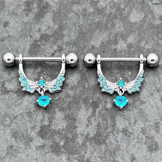 14G 9/16 Blue CZ Gem Alluring Wings Dangle Nipple Ring Set