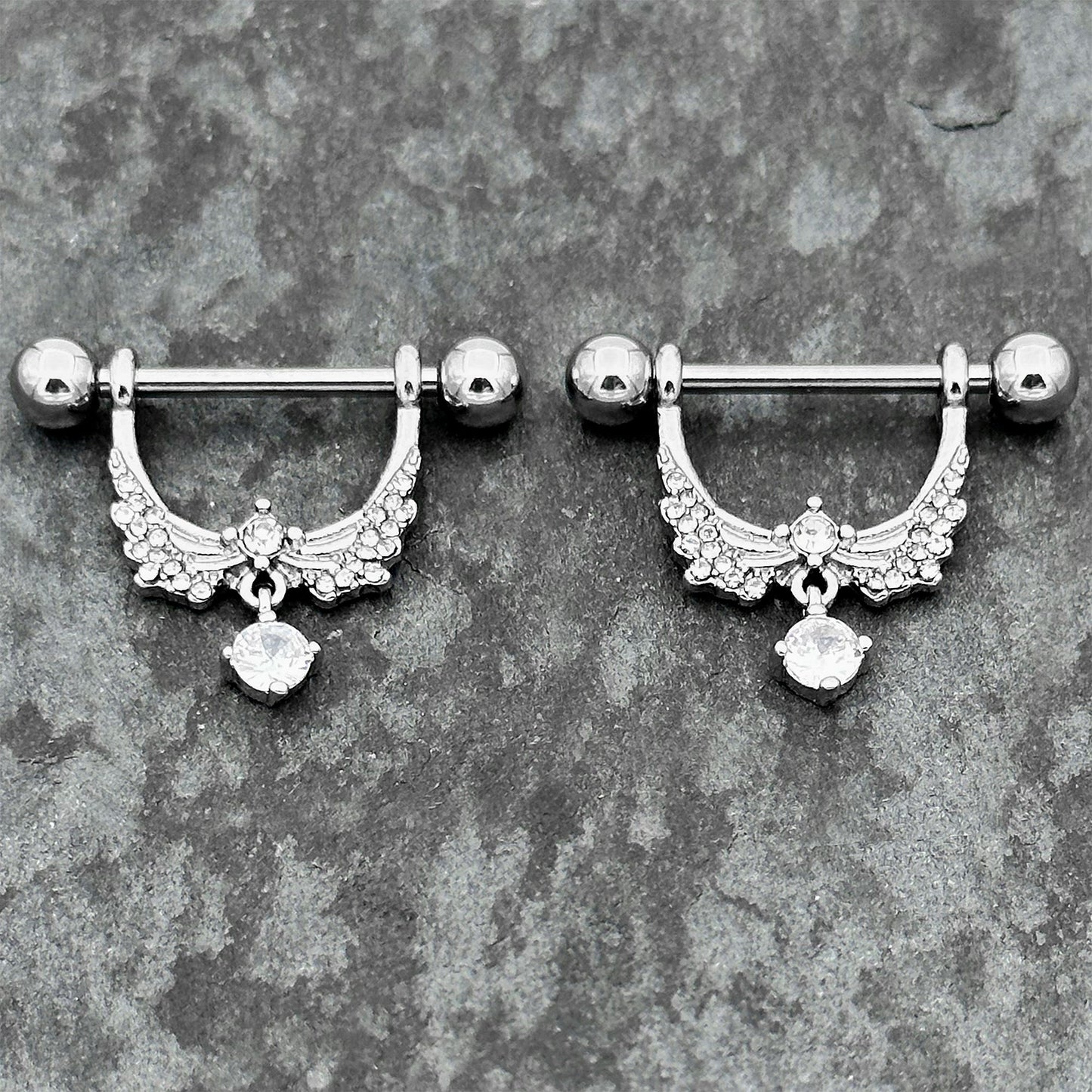 14G 9/16 Clear CZ Gem Alluring Wings Dangle Nipple Ring Set