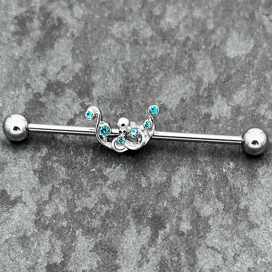 14G Blue Gem Scrolling Elegance Industrial Barbell 38mm