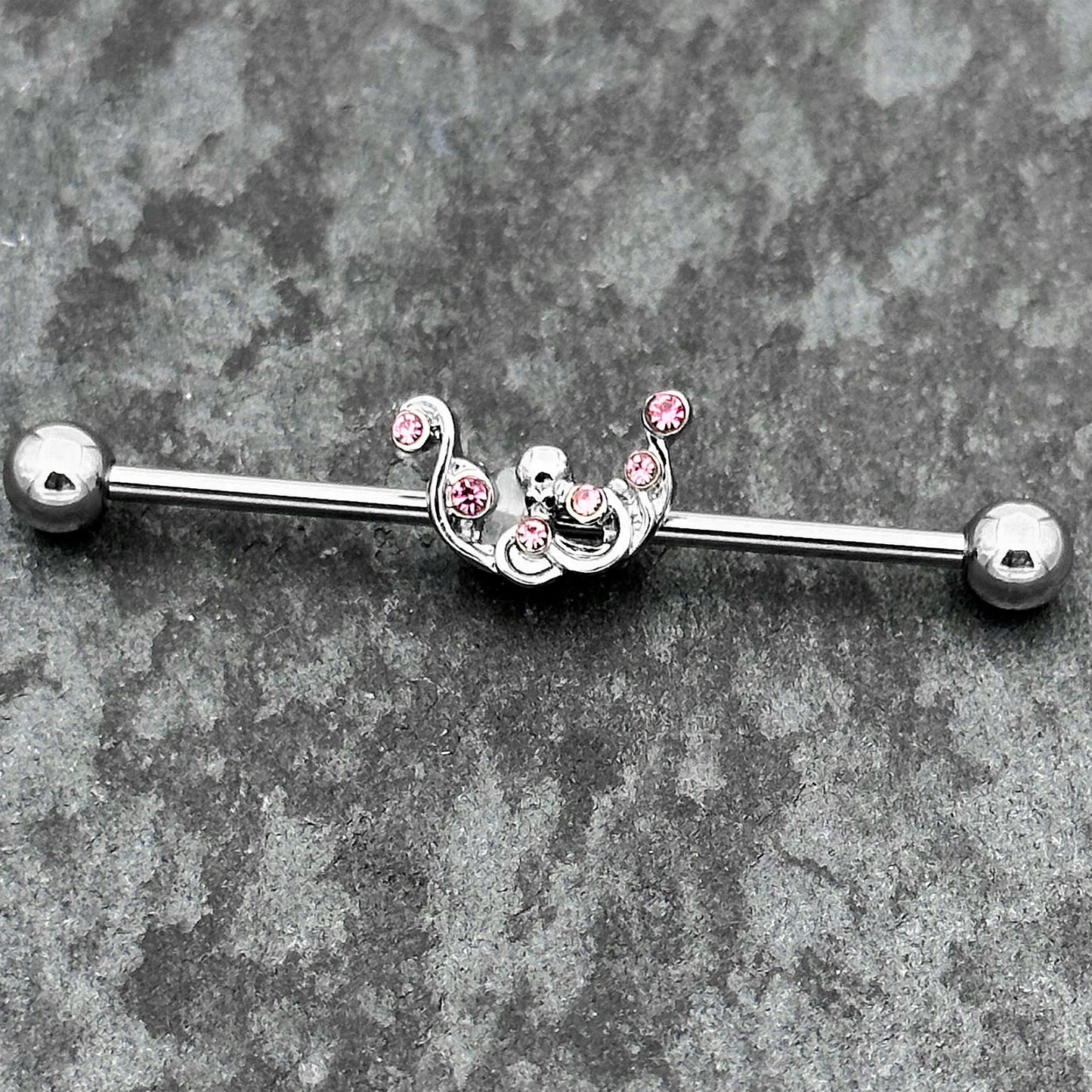 14G Pink Gem Scrolling Elegance Industrial Barbell 38mm